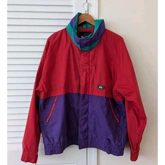 VTG 90's Woolrich Mens Color Block Windbreaker Size 2XL Full Zip Red Purple EUC